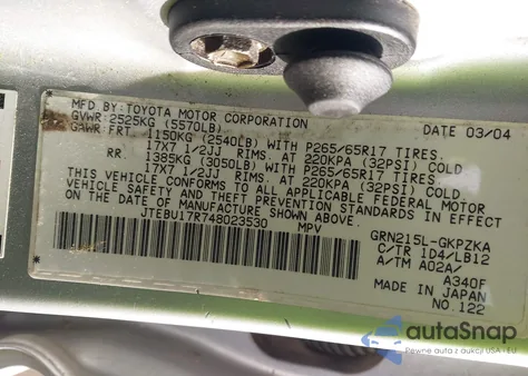 2004 Toyota 4Runner Limited V6 из США, поврежденный, VIN JTEBU17R748023530